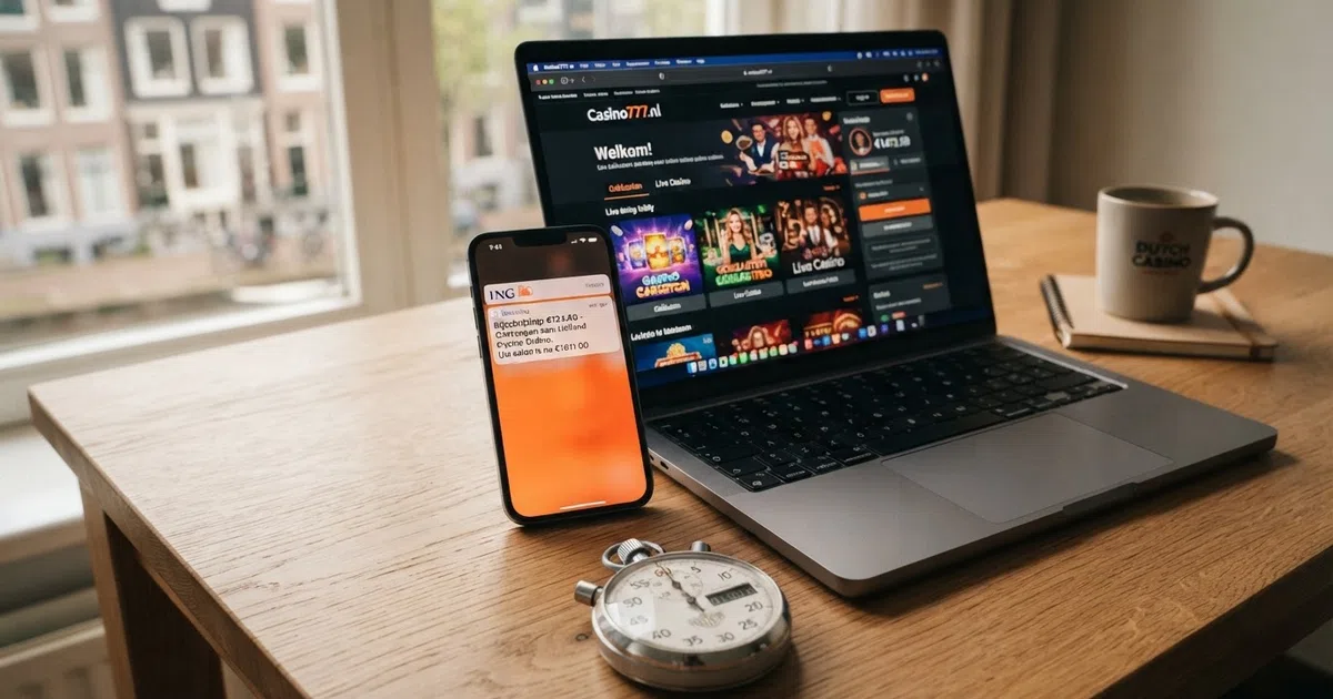 Een laptop en smartphone met daarop de homepage van een Nederlands online casino naast een bank-app die een bijgeschreven uitbetaling toont, met een stopwatch in beeld