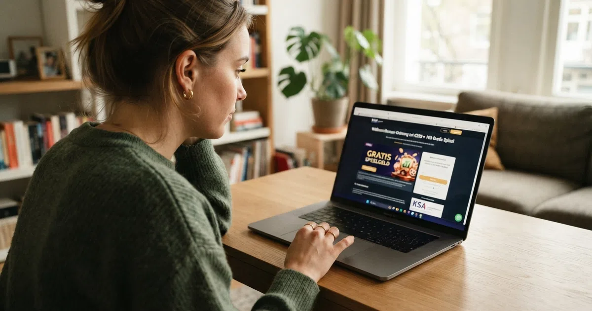 Een Nederlandse speler bekijkt op een laptop het welkomstaanbod van een online casino met de tekst “gratis speelgeld” en het KSA-keurmerk zichtbaar