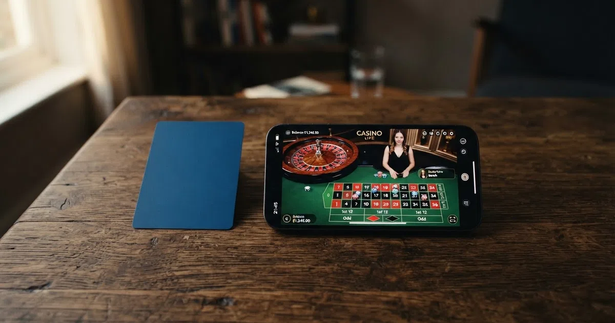 Een smartphone met een ingelogde casino-app en een Nederlands identiteitsbewijs ernaast op een tafel
