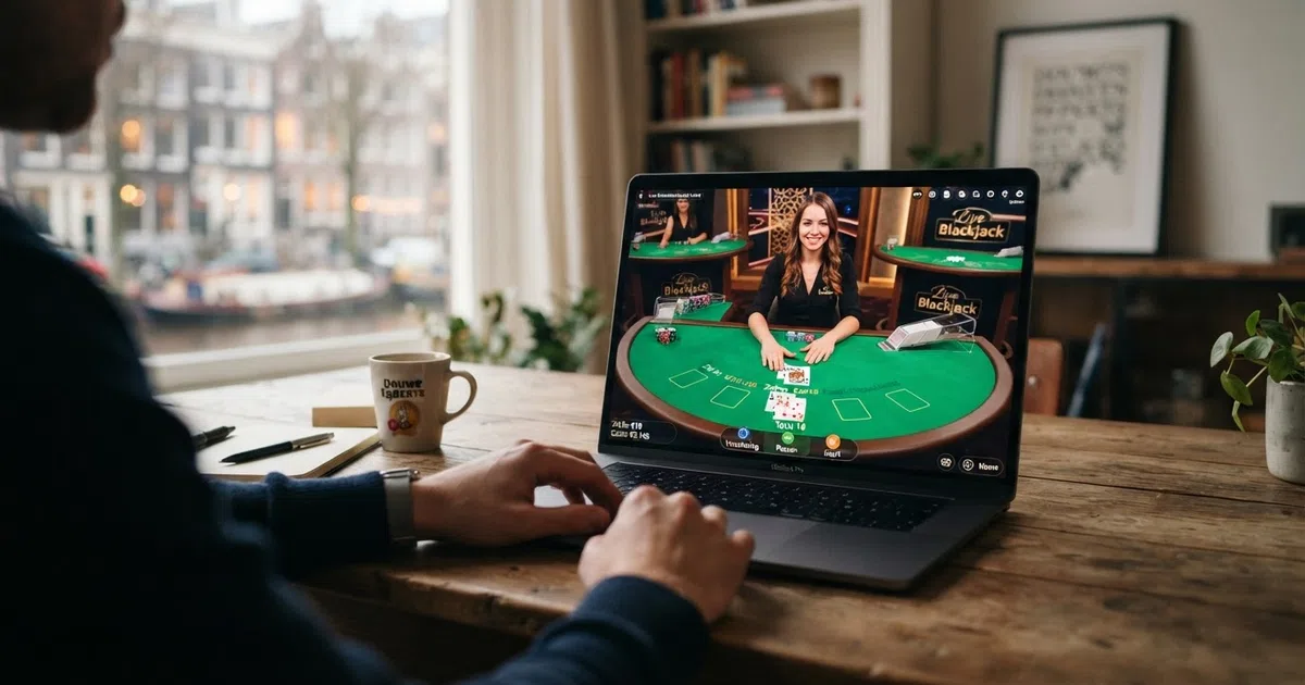 een live dealer aan een blackjacktafel in een studio, zichtbaar via een laptopscherm met de spelinterface en inzetopties in beeld