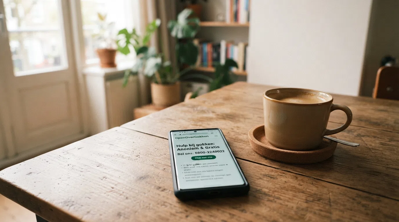 Een smartphone met de OpenOverGokken-hulppagina, met telefoonnummer en chatknop zichtbaar naast een kop koffie