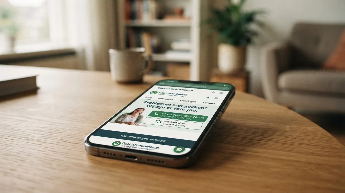 De homepage van OpenOverGokken.nl op een telefoonscherm, met het telefoonnummer en de chatknop prominent zichtbaar