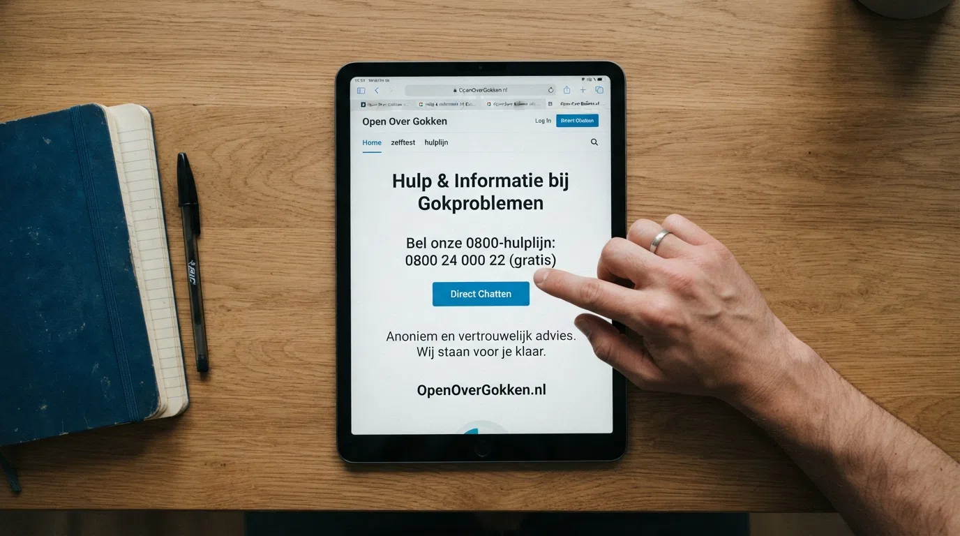 De homepage van OpenOverGokken.nl met de 0800-hulplijn en chatknop zichtbaar