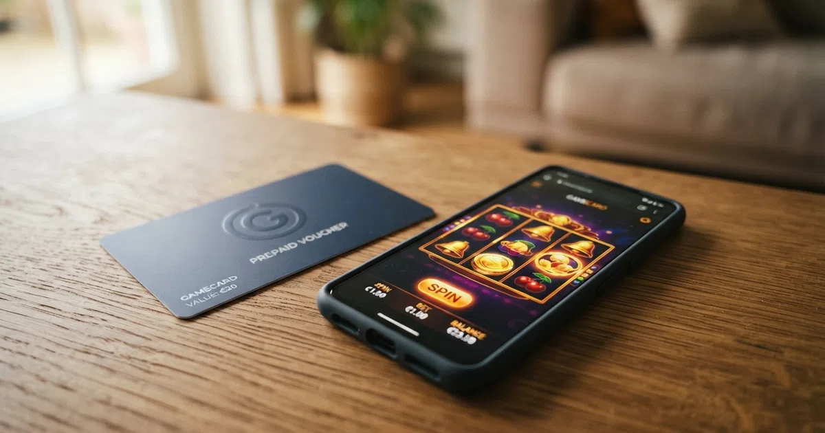 Een close-up van een Paysafecard met een smartphone die een online casino toont op het scherm, op een houten tafel