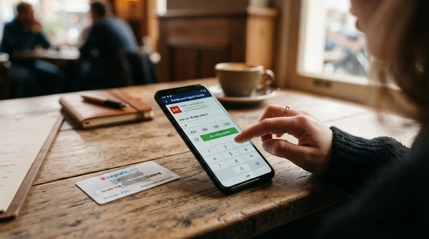 Een smartphone toont de stortingspagina van een online casino met een half-ingevoerde 16-cijferige Paysafecard-code en het iDEAL-logo ernaast