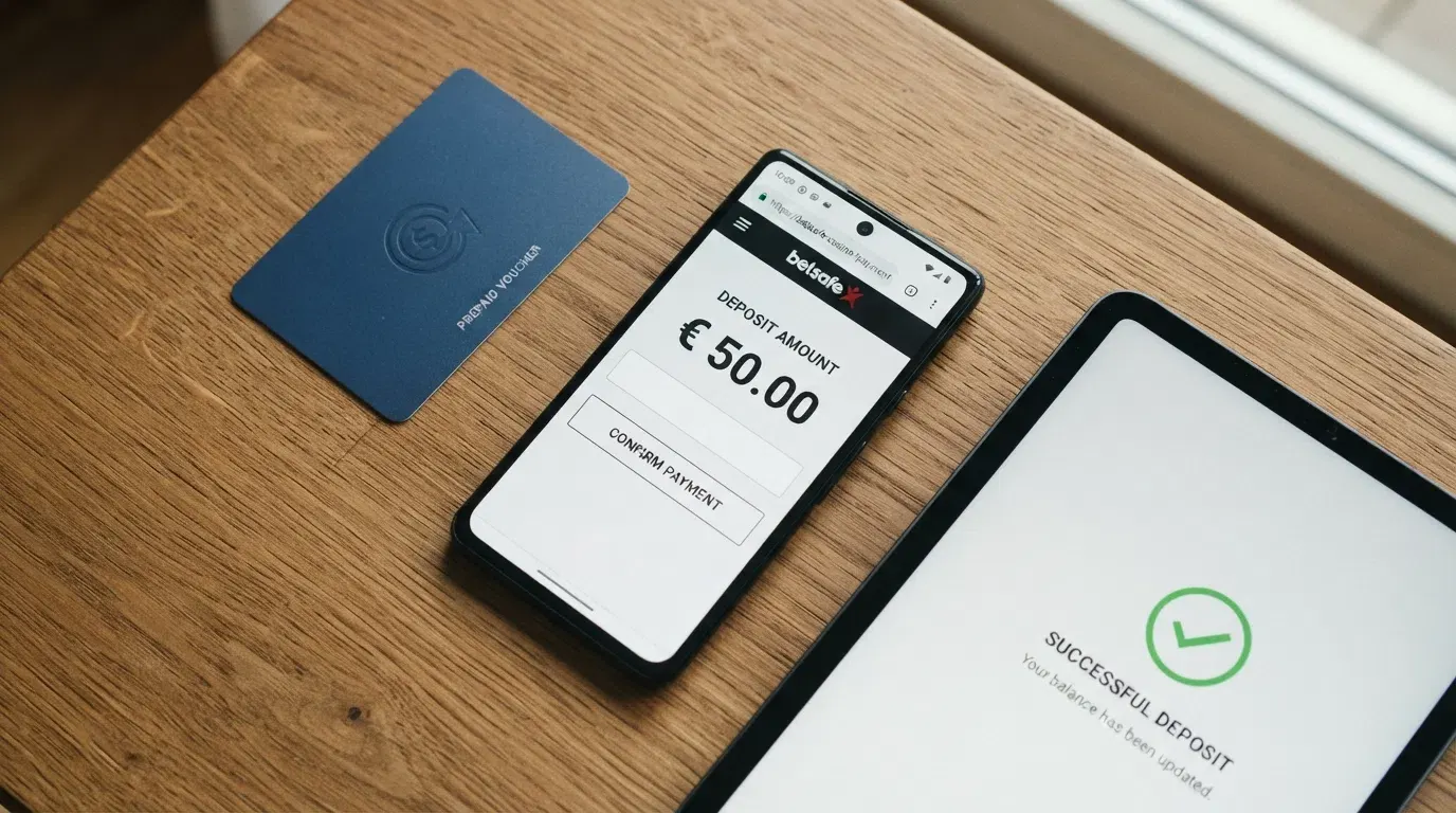 Een stappenplan in drie visuele stappen: een Paysafecard met code, een iDEAL-betaalscherm, en een groen vinkje op een casinostortingspagina