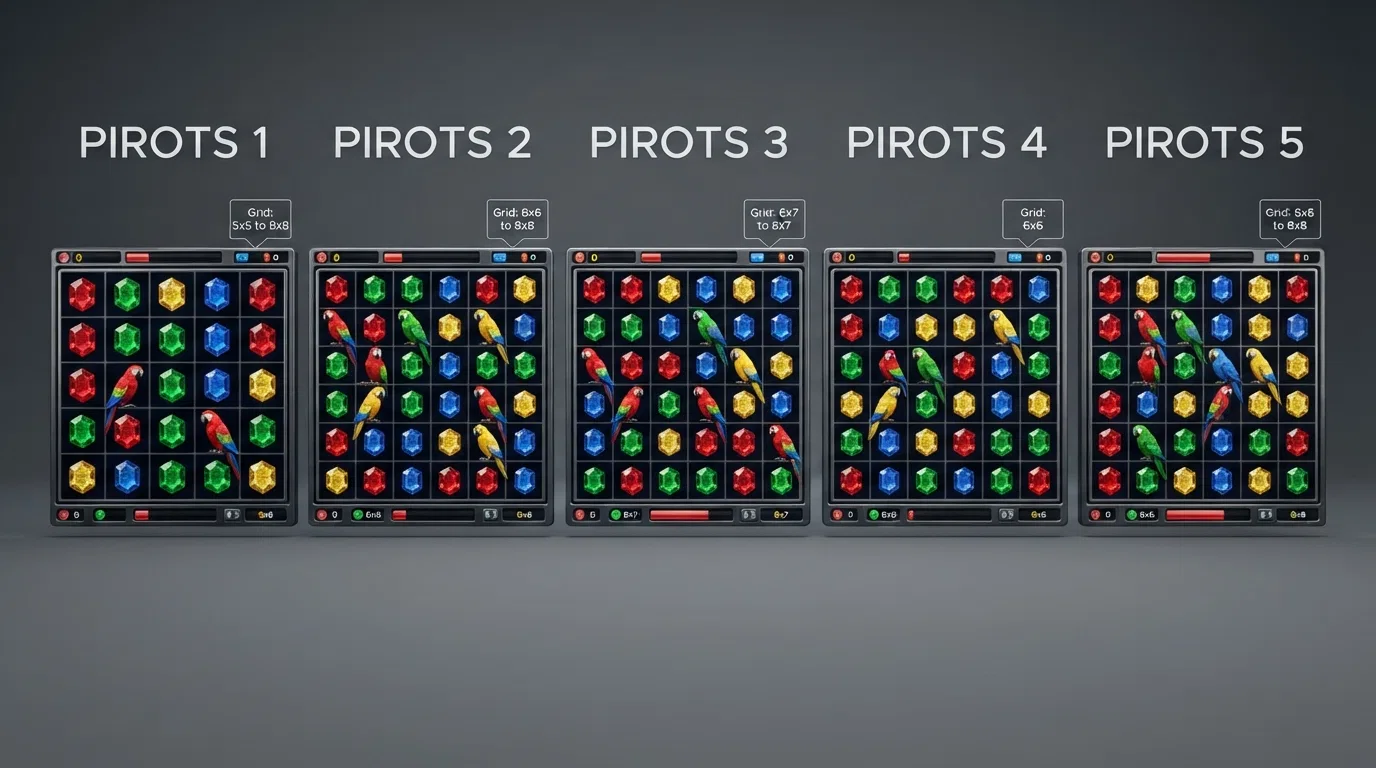 De vijf Pirots-versies naast elkaar met hun verschillende gridformaten — van het 5×5-origineel tot het 8×8-uitgebreide veld van Pirots 5