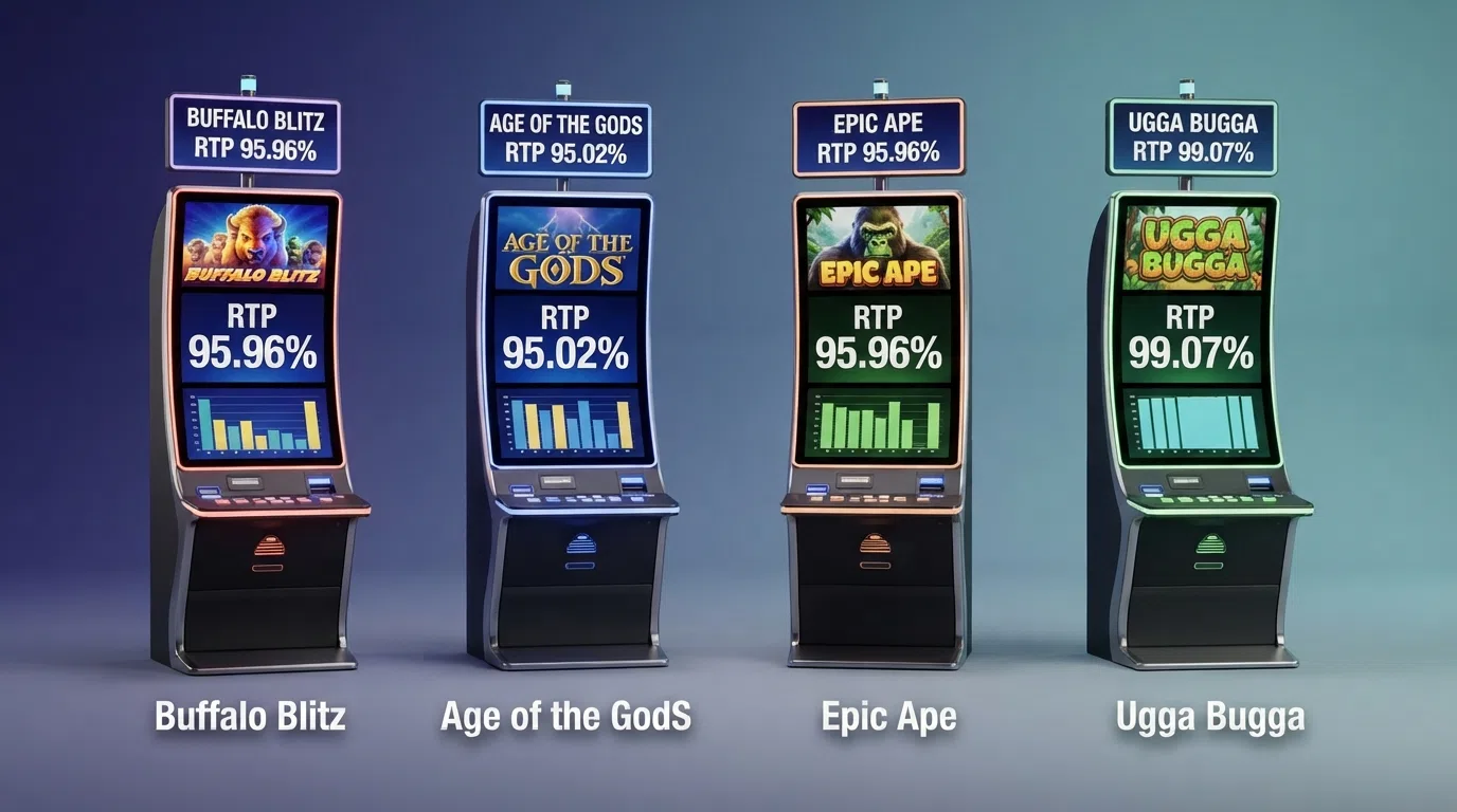 Vier Playtech-slottegels naast elkaar: Buffalo Blitz, Age of the Gods, Epic Ape en Ugga Bugga met zichtbare RTP-percentages