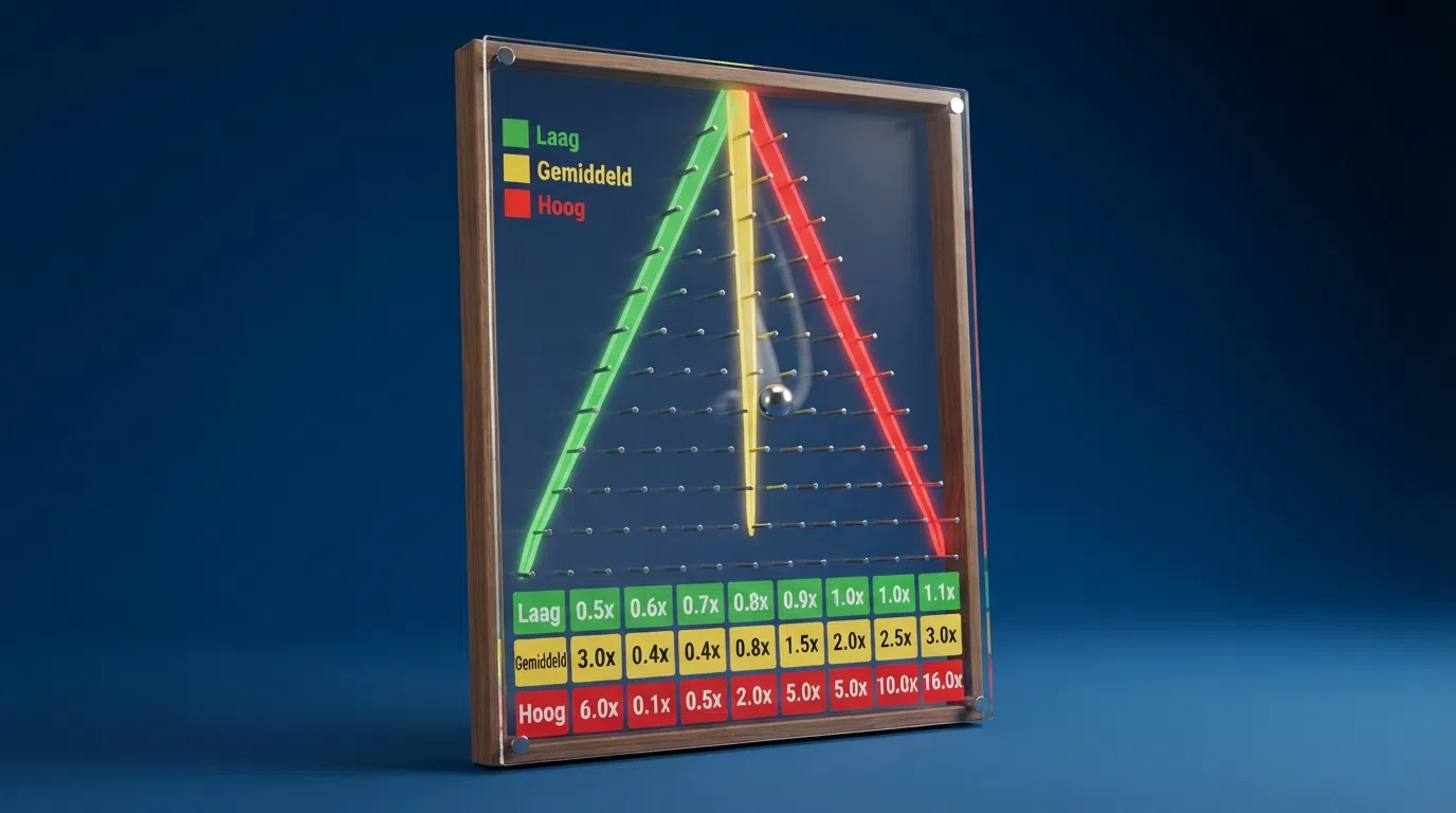 Een schematische weergave van een Plinko-bord met 16 rijen, drie risiconiveaus (Laag/Gemiddeld/Hoog) en de bijbehorende multipliers per vak onderaan het bord