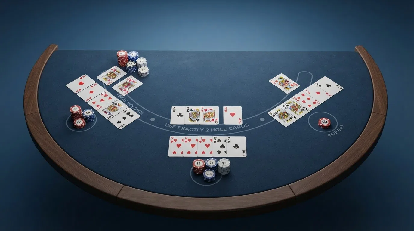 Een overzicht van verschillende pokervarianten: Texas Hold'em hole cards, Omaha-handen en Caribbean Stud-opstelling