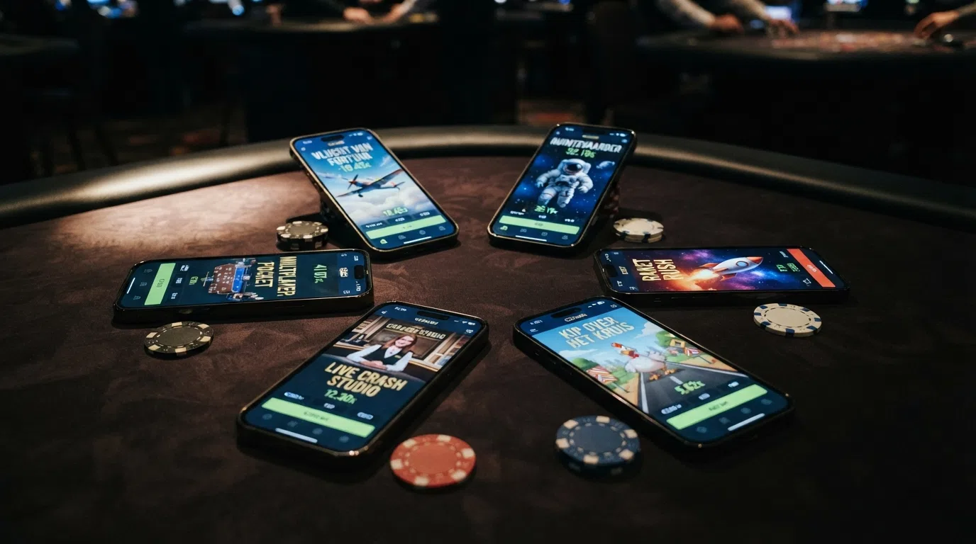 De zes besproken crash games — Aviator, Spaceman, JetX, Chicken Road, Cash or Crash en CashIt — op een rij in een casino-lobby