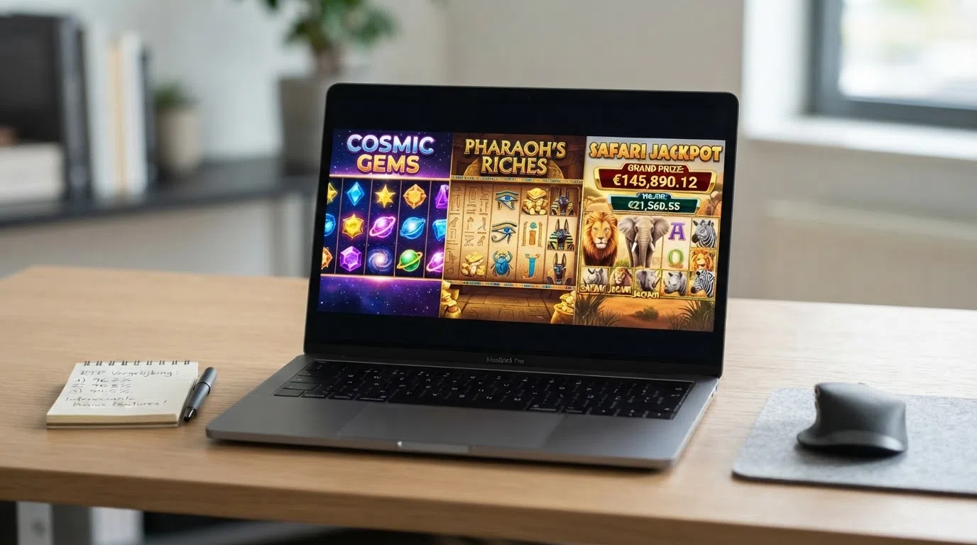 Drie gokkasten naast elkaar op een scherm: Starburst met zijn juwelen, Book of Dead met oud-Egyptisch thema en Mega Moolah met de progressieve jackpot-teller in beeld