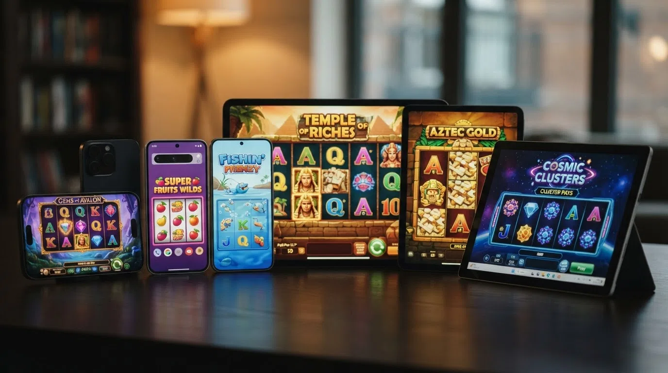 Een selectie van zes populaire gratis videoslots, waaronder Starburst, Book of Dead en Big Bass Bonanza, in hun demo-speelscherm