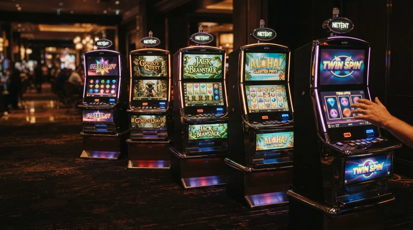 De vijf besproken NetEnt-slots in hun spelweergave met RTP-percentage als overlay