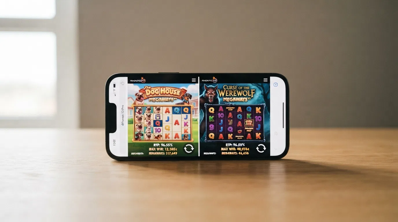De populairste Pragmatic Play Megaways-gokkasten — The Dog House Megaways en Curse of the Werewolf Megaways — op een scherm met hun RTP- en max-win-gegevens