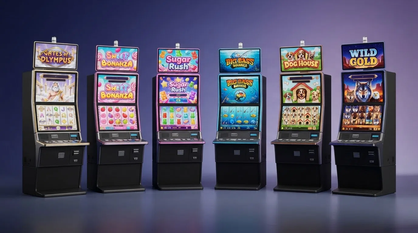 Zes Pragmatic Play-slot-tegels — Gates of Olympus, Sweet Bonanza, Sugar Rush, Big Bass Bonanza, The Dog House en Wolf Gold — in een herkenbare casinoloze opstelling
