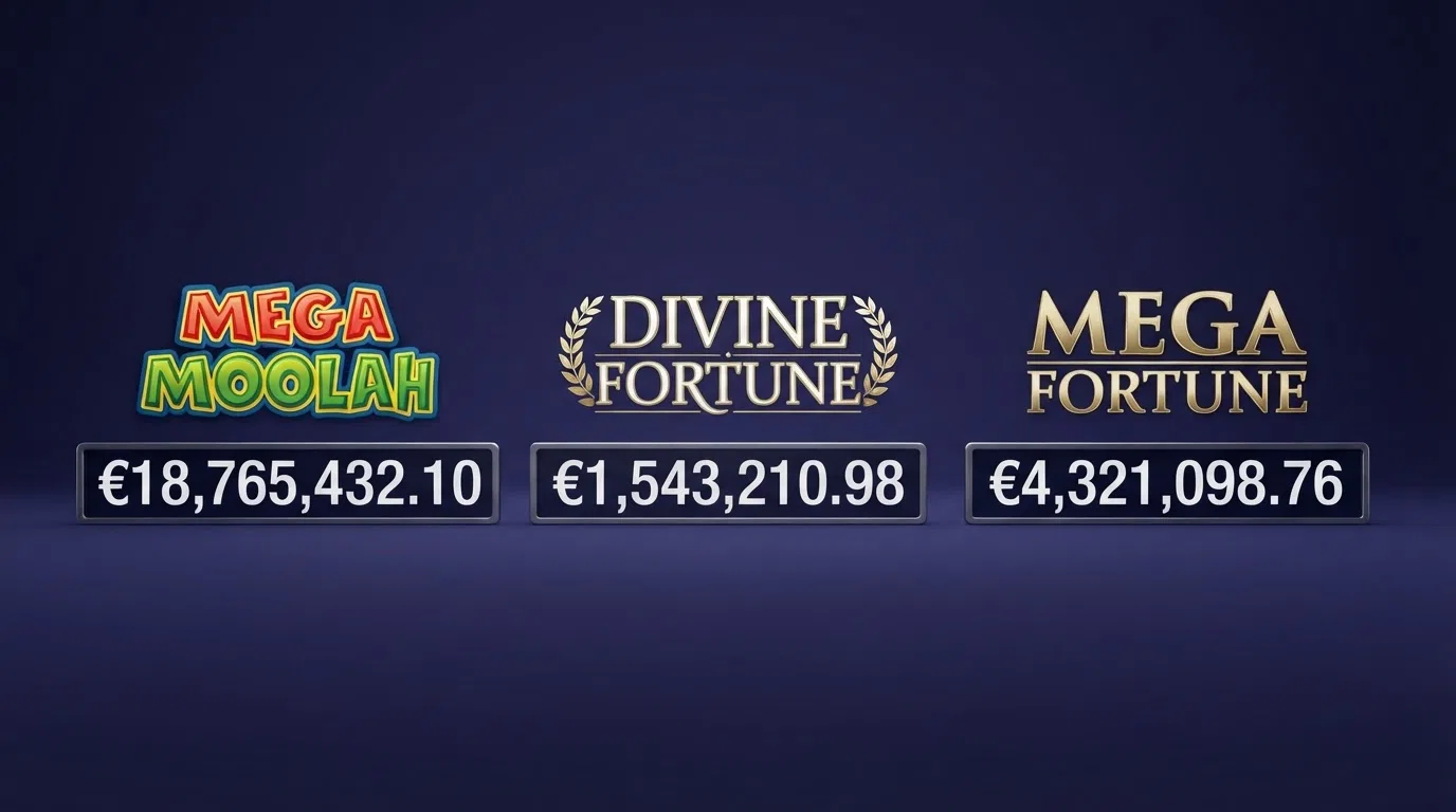 De logo's van Mega Moolah, Divine Fortune en Mega Fortune naast elkaar, met hun jackpot-bedragen eronder