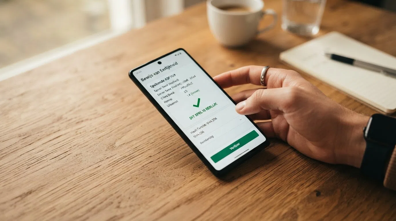 Een close-up van een telefoonscherm met een verificatietool die een server seed, client seed en nonce toont, met een groen vinkje