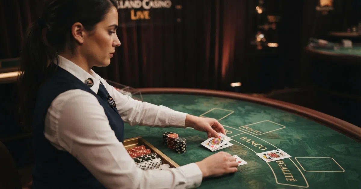 Een live punto banco-tafel in een online casino met een dealer die kaarten deelt en het speelveld met Punto-, Banco- en Egalité-inzetvakken in beeld