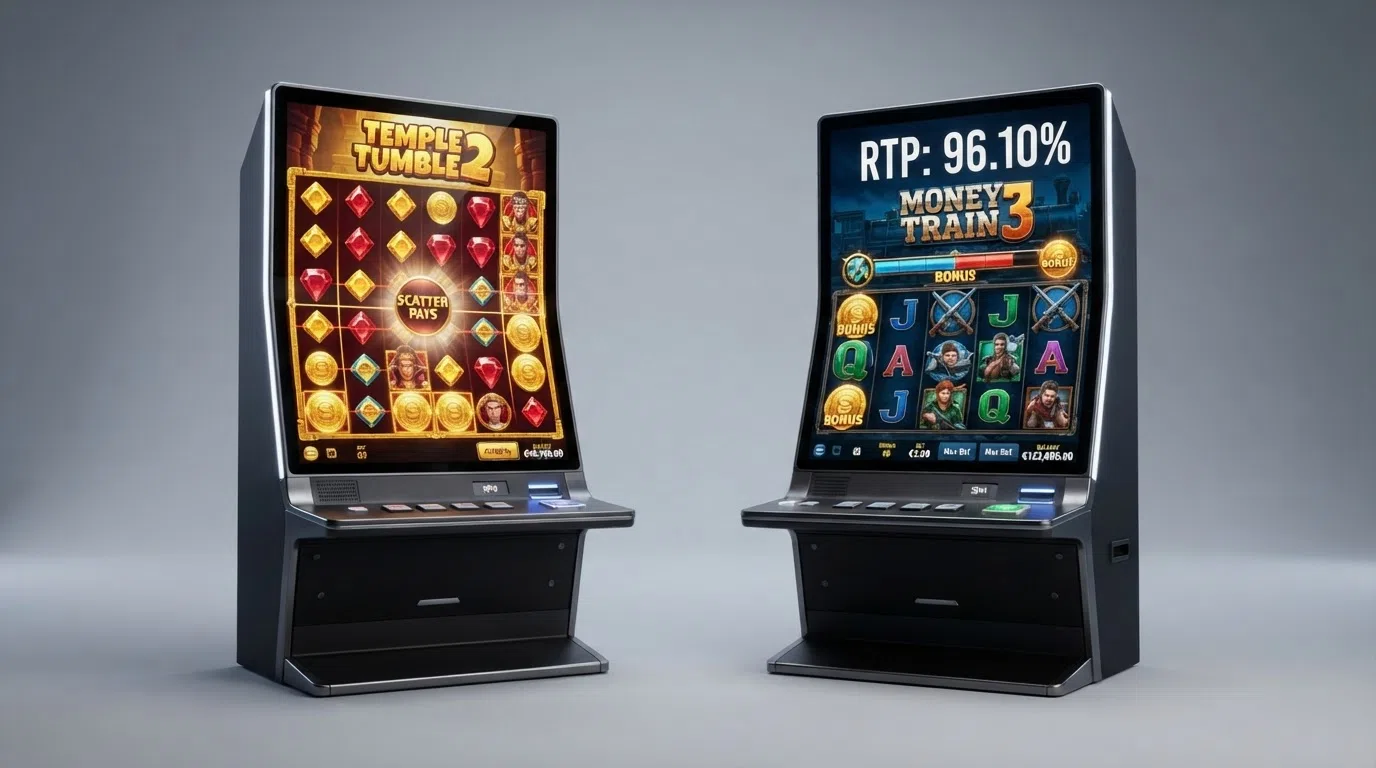 Het raster van Money Train 4 met Scatter Pays-symbolen naast de RTP-balk van Book of 99 die 99% aangeeft