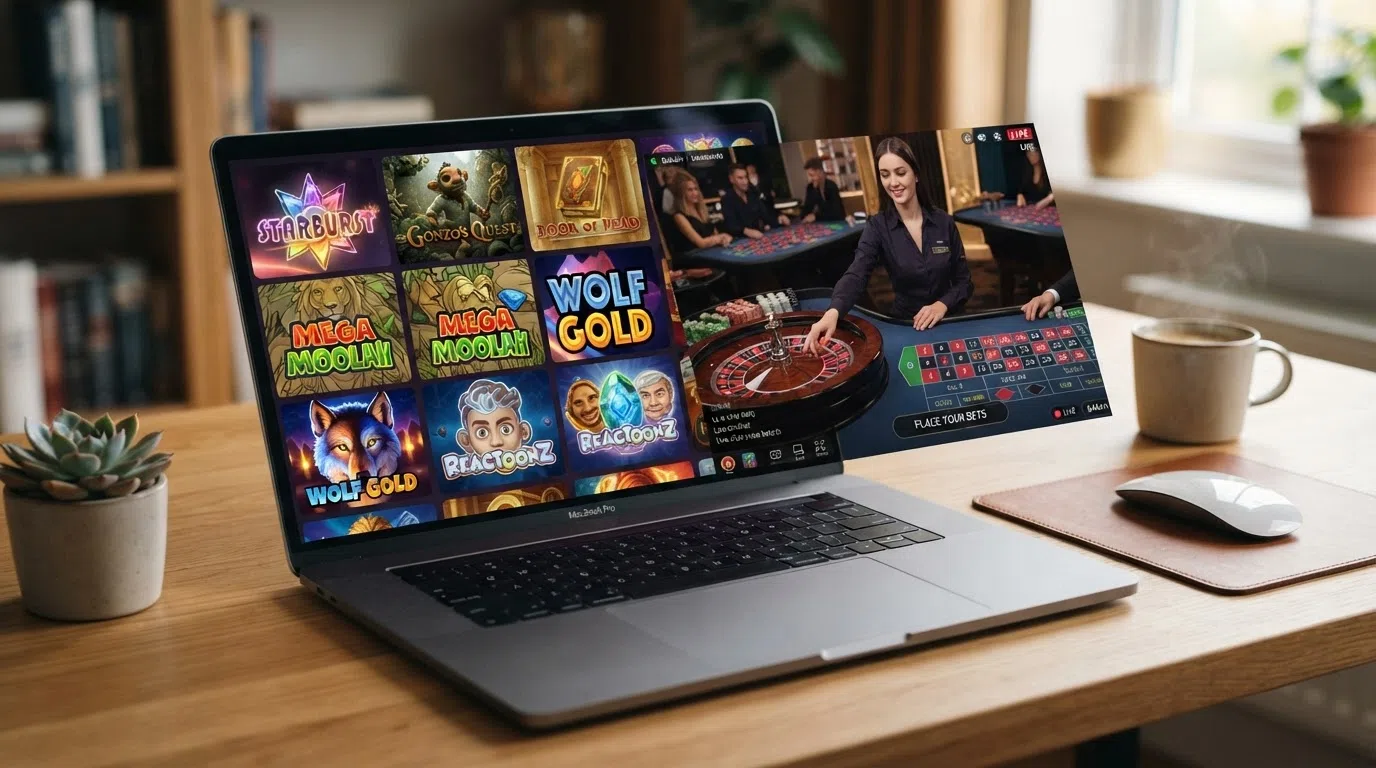 Een collage van slotspel-tegels en een live-dealertafel met roulettewiel op een computerscherm