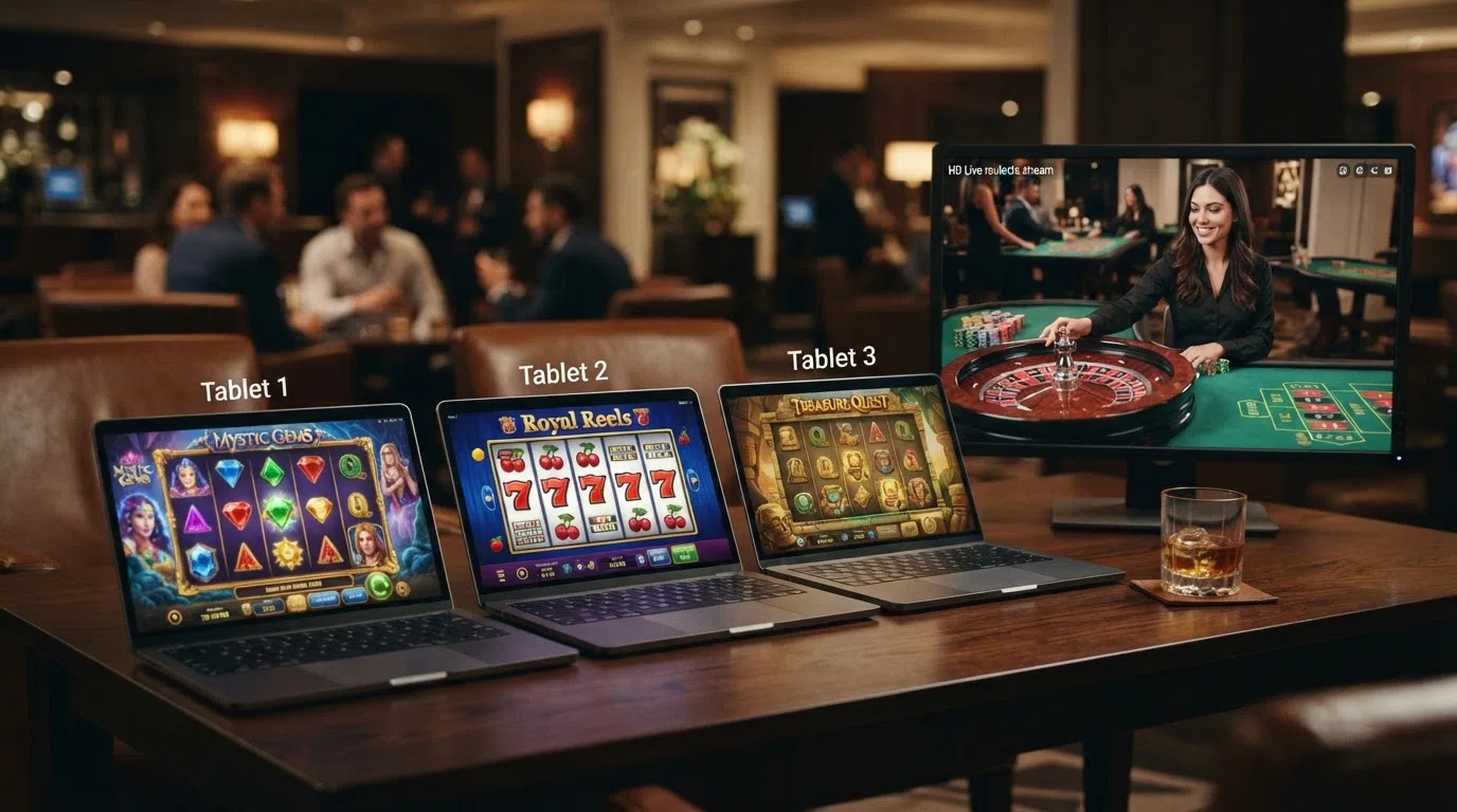 Een grid van populaire online slots en een live roulette-tafel met een dealer in beeld
