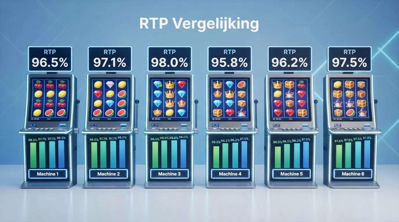 Zes online slots naast elkaar getoond met hun RTP-percentage in een vergelijkend overzicht