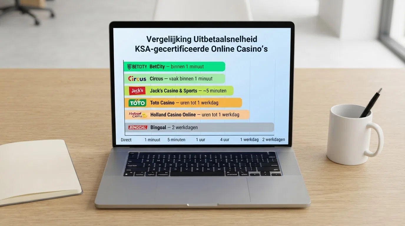 Een close-up van een laptopscherm met een tijdlijn die de uitbetalingssnelheid van bankoverschrijvingen bij zes Nederlandse online casino's naast elkaar toont — van '1 minuut' tot '2 werkdagen'.