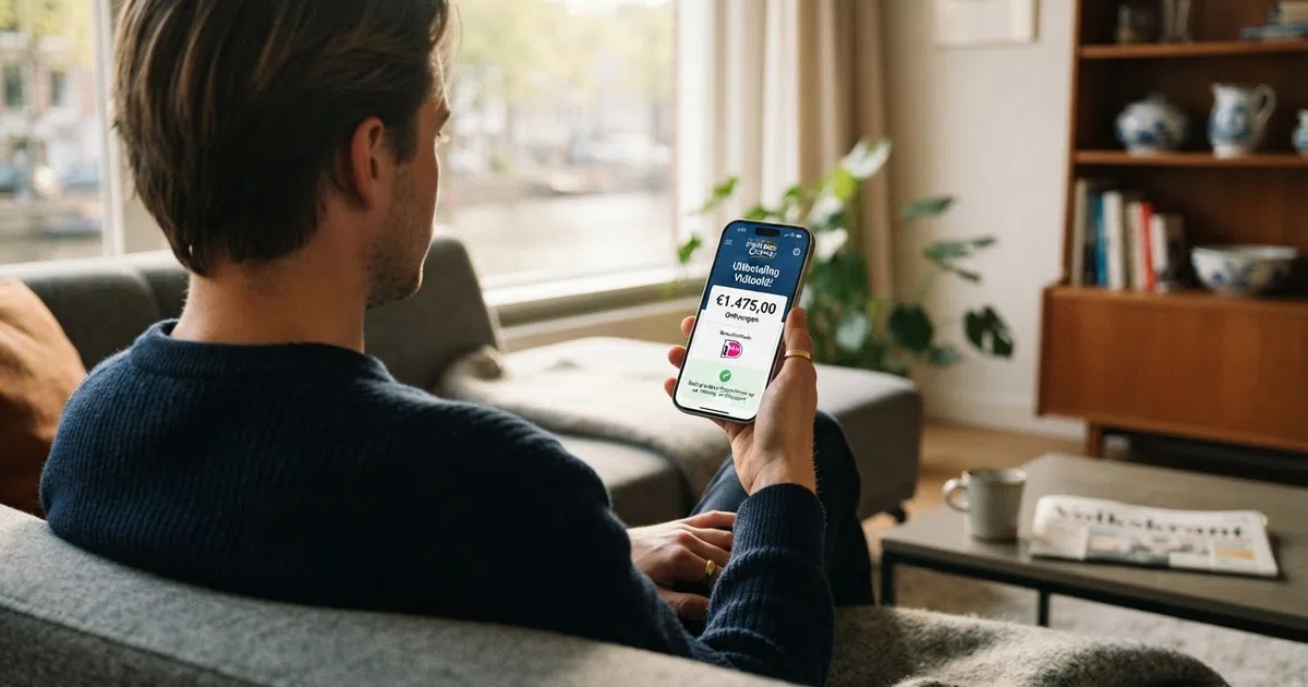 Een Nederlandse speler kijkt op zijn smartphone naar een casino-uitbetalingsbevestiging, met een iDEAL-logo zichtbaar op het scherm.