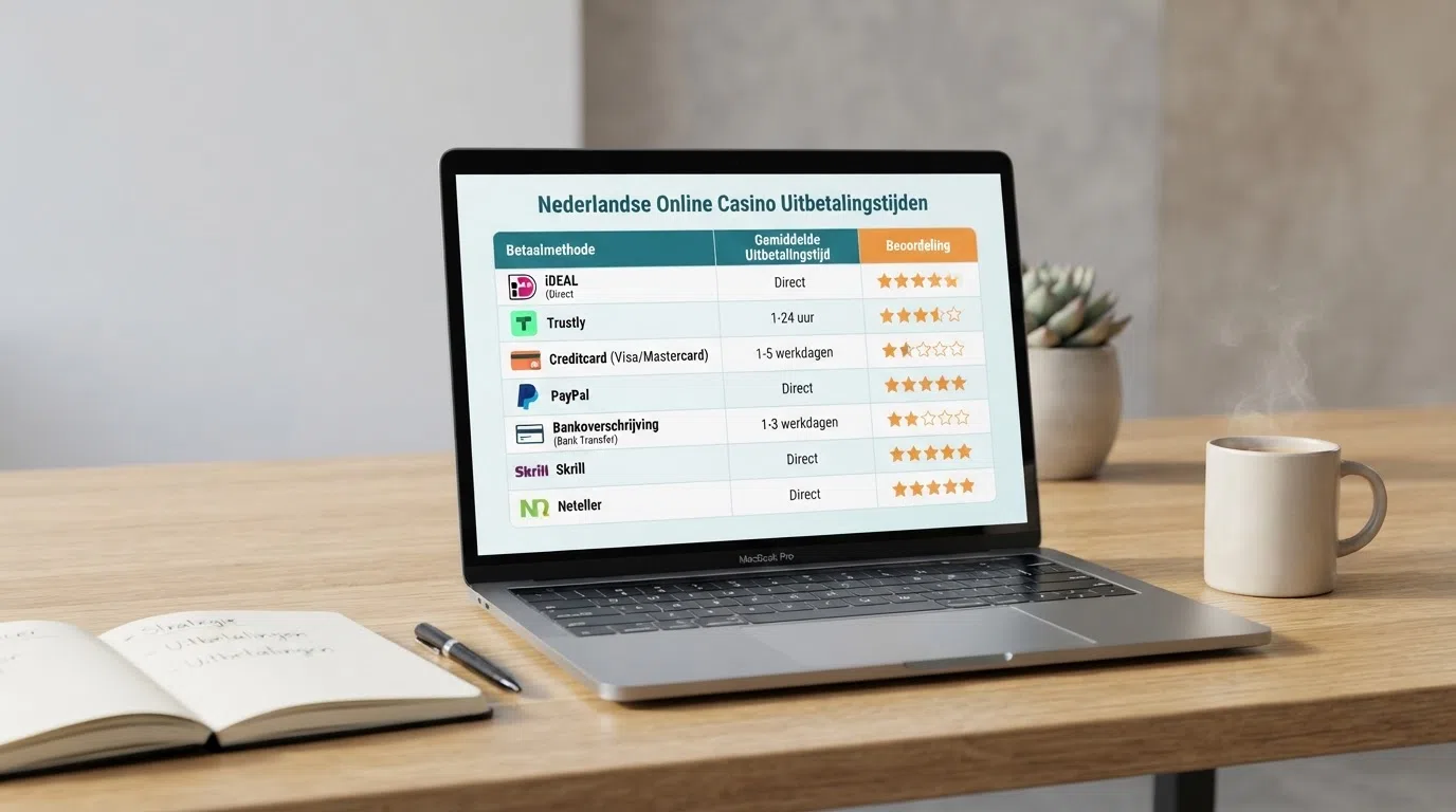 Een overzichtelijke vergelijking van Nederlandse online casino's op een laptopscherm, met uitbetalingstijden naast elkaar.