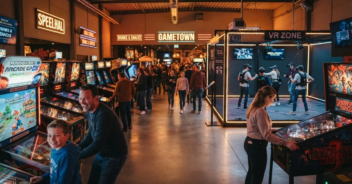 Een brede, lichte speelhal met rijen flipperkasten, arcade-automaten en een VR-zone op de achtergrond, bezoekers van verschillende leeftijden aan de kasten