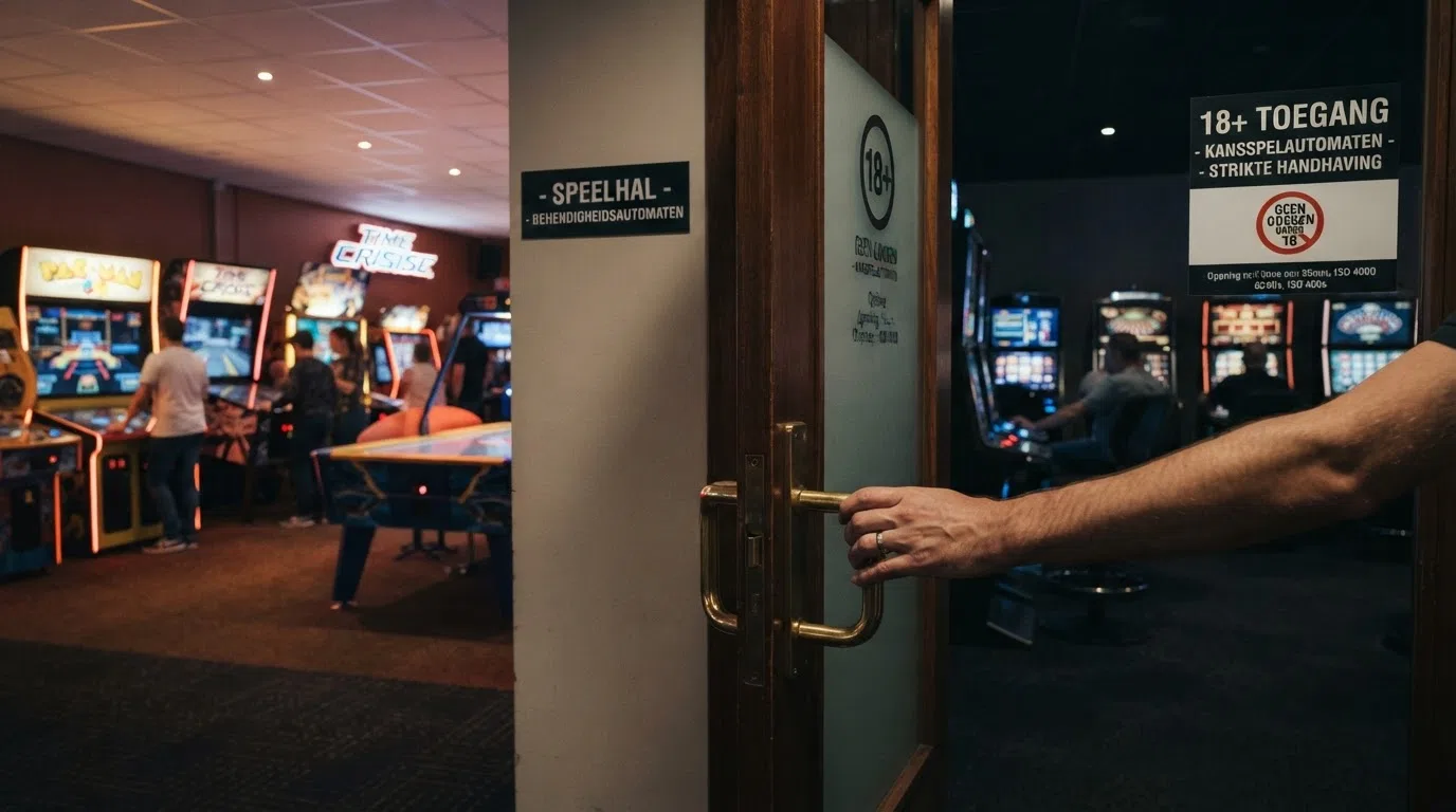 Een fysieke scheidingswand of 18+-deur in een speelhal, met aan de ene kant kleurrijke arcade-automaten en aan de andere kant ingetogen kansspelautomaten onder sober licht