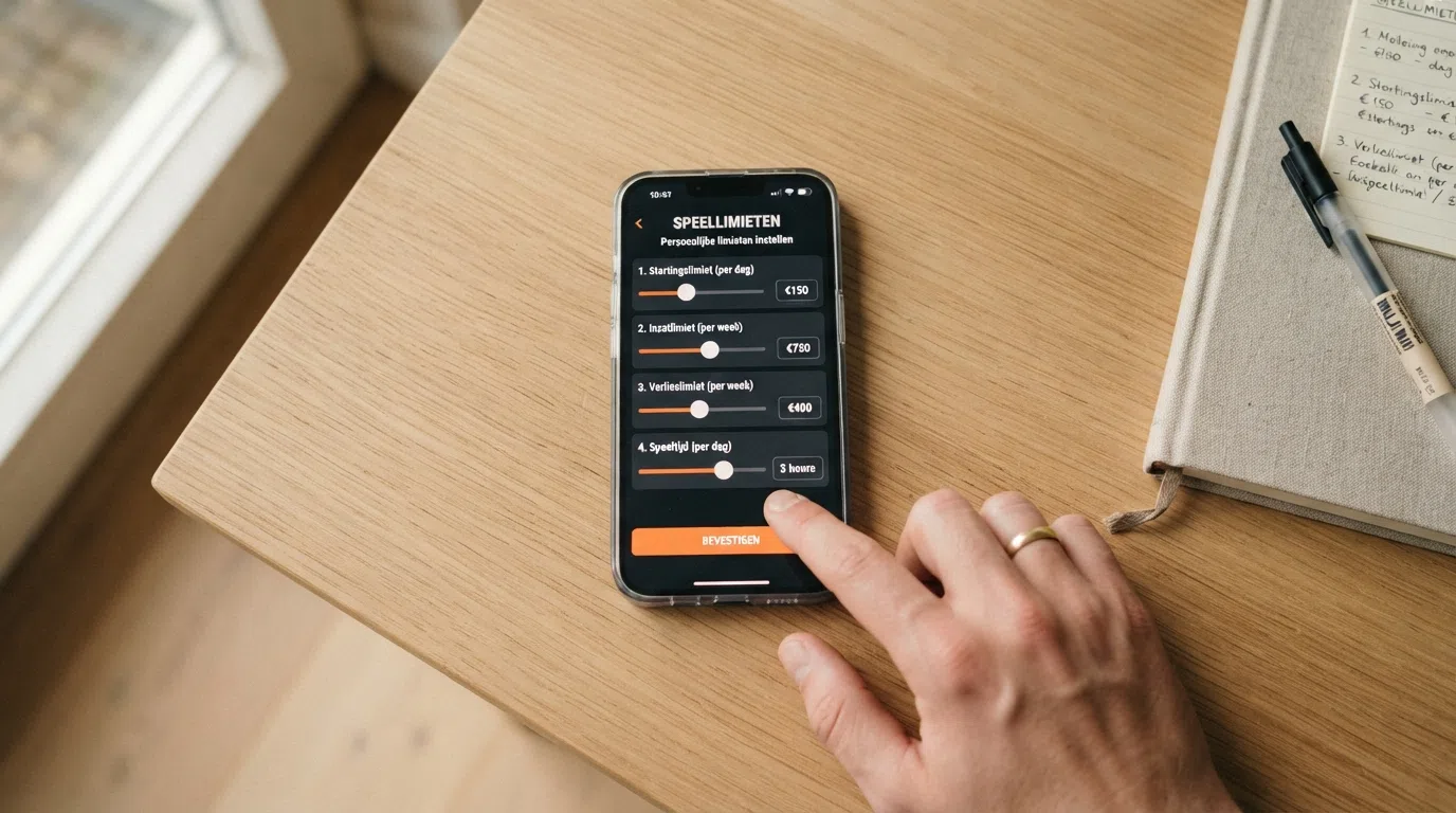Het scherm voor het instellen van persoonlijke speellimieten — stortingslimiet, inzetlimiet, verlieslimiet en speeltijd — in een Nederlands online casino