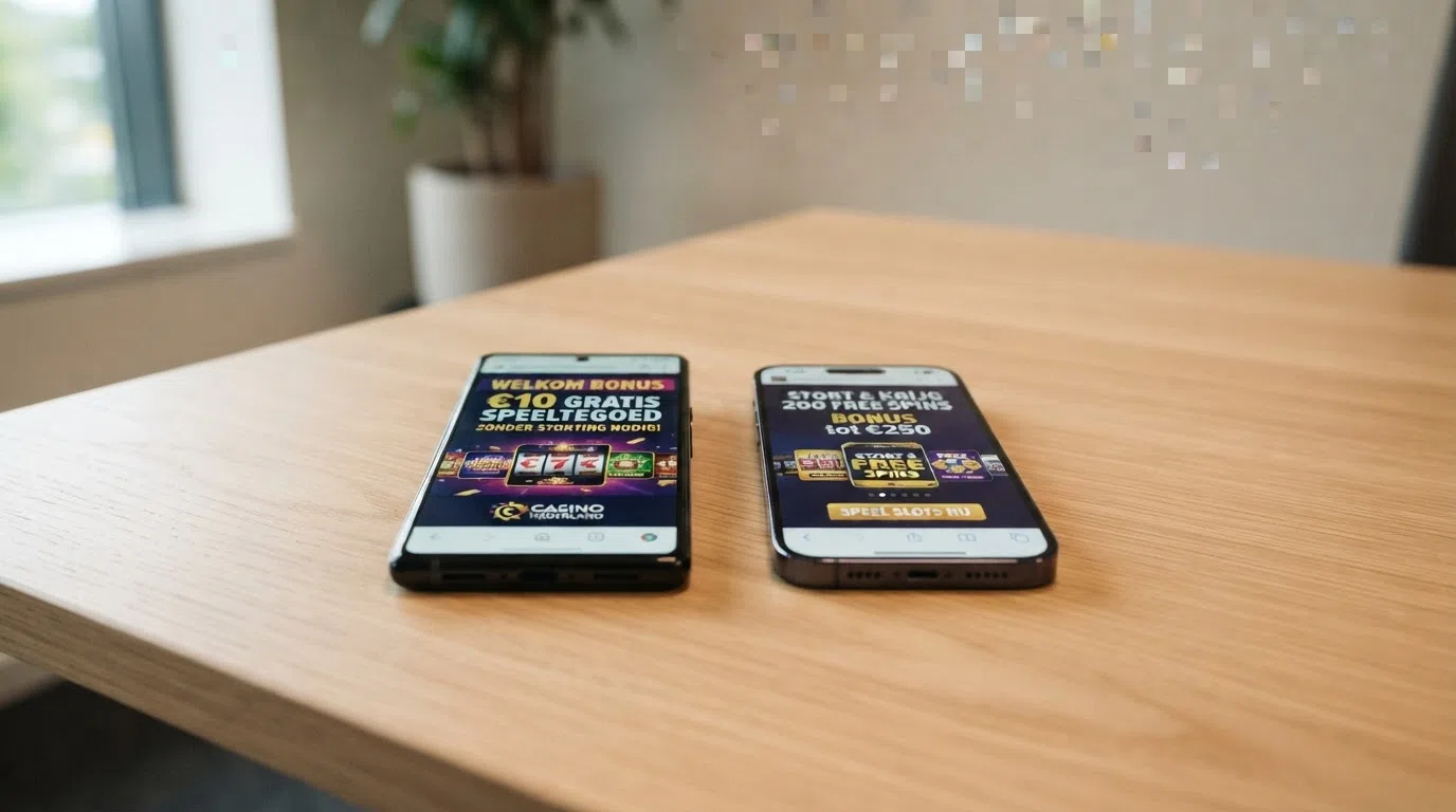 Twee smartphones naast elkaar met verschillende casinobonussen in beeld — links een no-deposit speeltegoed-aanbieding, rechts een stortingsbonus met free spins