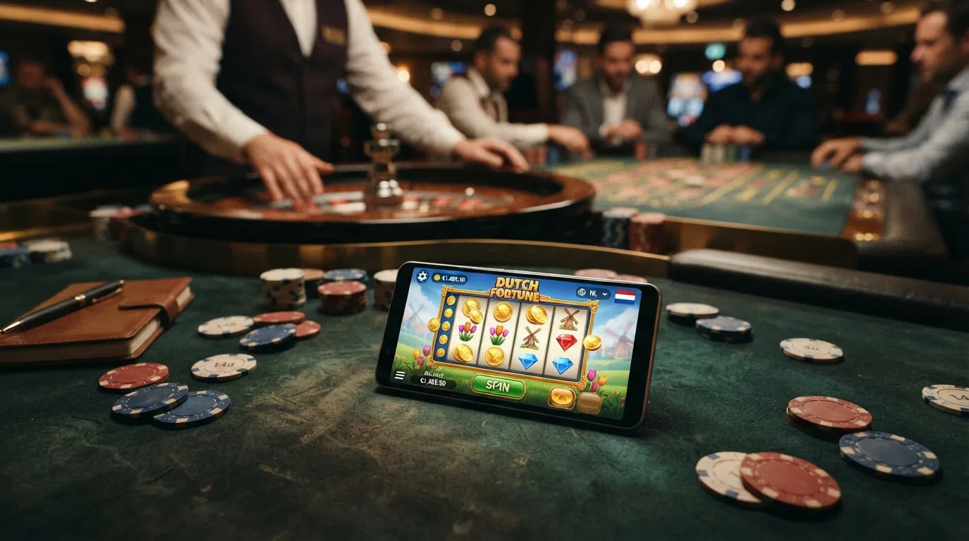 Een kleurrijke selectie slots en een live-dealer tafel met roulette op één scherm, kleine NL-vlag bij een slot-titel