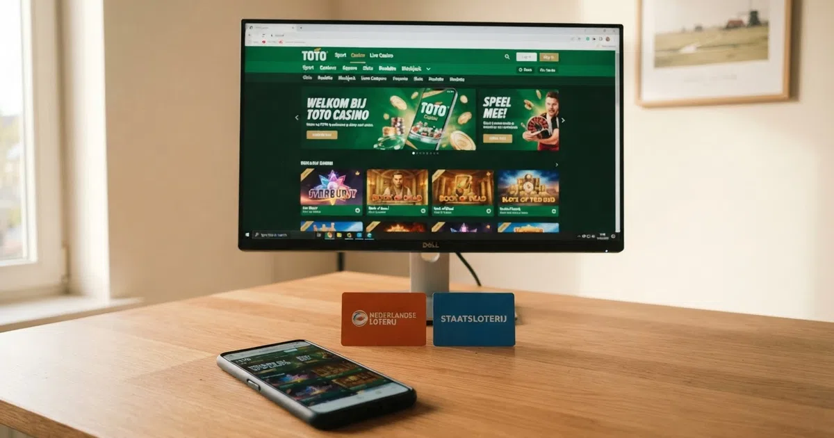 Een schermafbeelding van de TOTO Casino homepage op een desktop en mobiel scherm naast het logo van de Nederlandse Loterij, met het Staatsloterij-logo apart zichtbaar