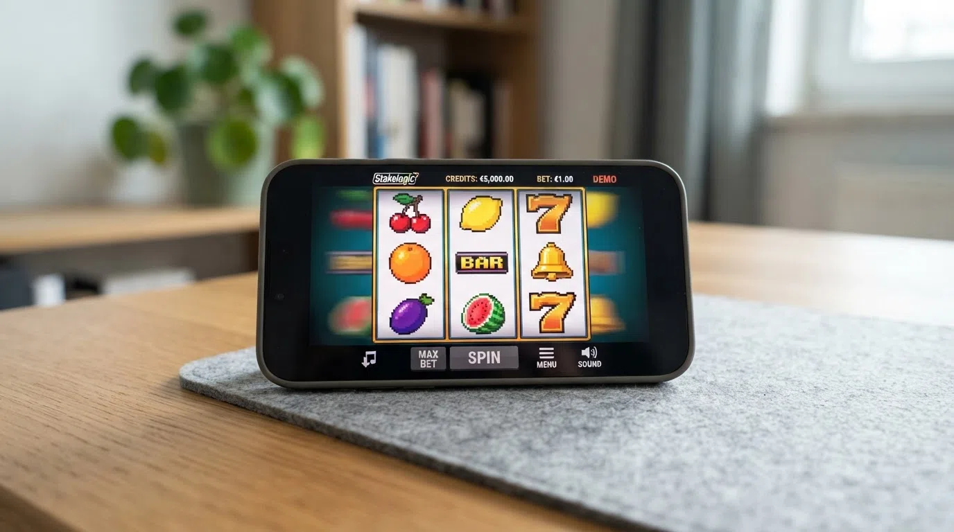 Een screenshot van een Stakelogic-klassieker in demo-modus, met het speelgeld-tegoed zichtbaar en de typische 3×3-rollenopstelling