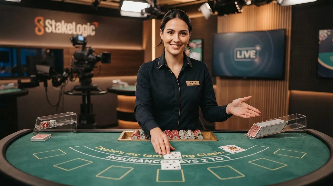 Een live dealer aan een blackjack-tafel in de Stakelogic Chroma Key Studio, met een Nederlands casino-logo op de achtergrond