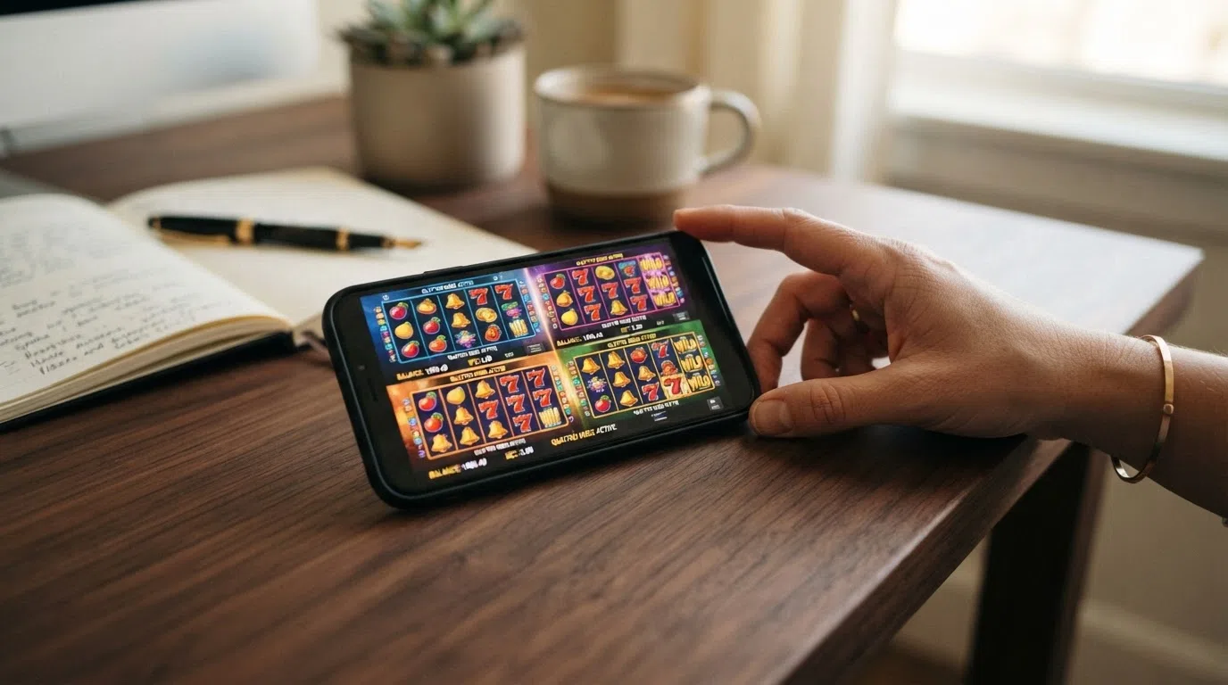 Een smartphone in liggende stand met een Stakelogic-slot op het scherm, het Quattro Mode-raster zichtbaar met vier actieve spelvakken