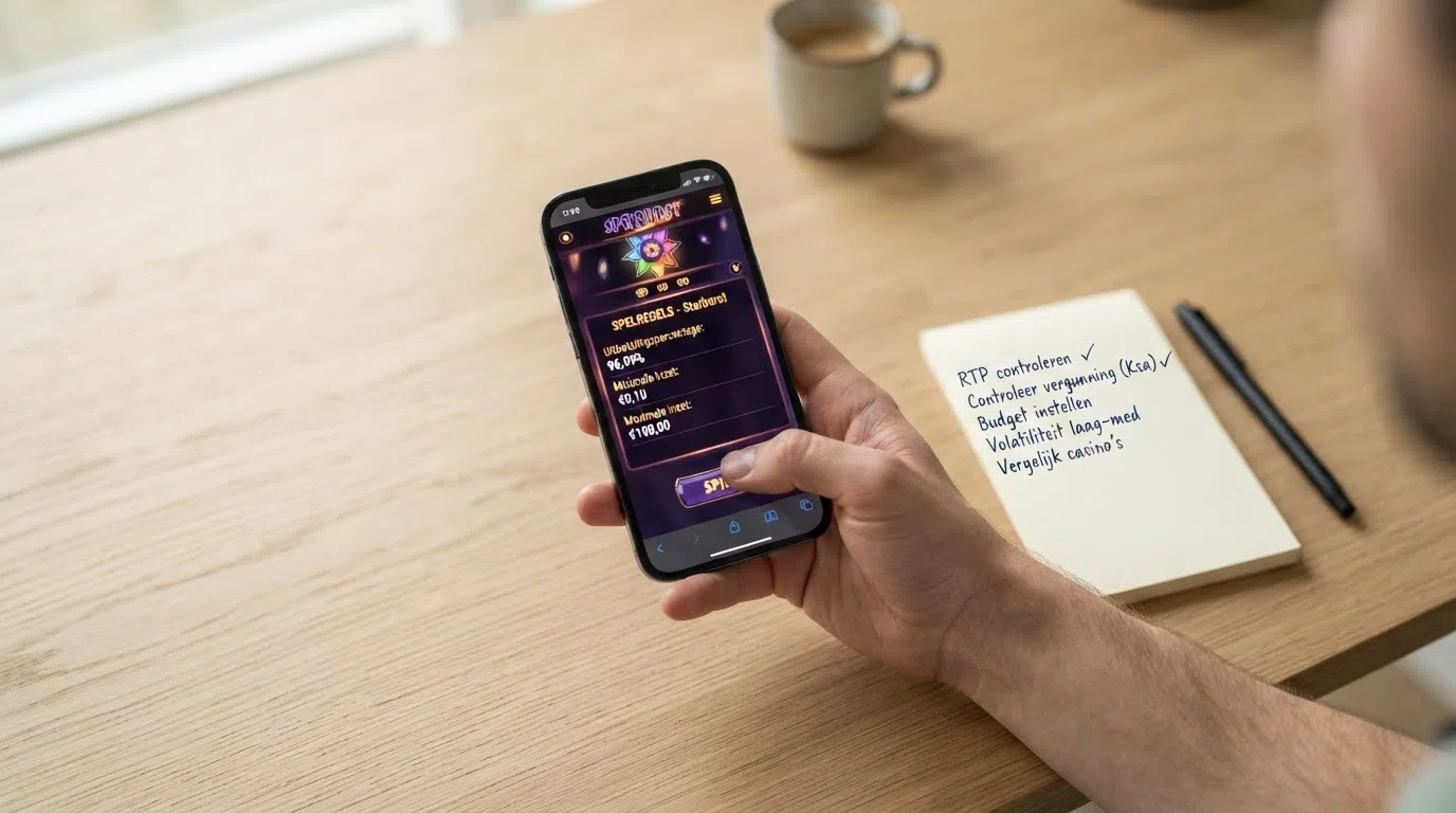 Een uitvergrote weergave van de spelregels-pagina van een Nederlands online casino waarop de actieve RTP-configuratie van Starburst zichtbaar is