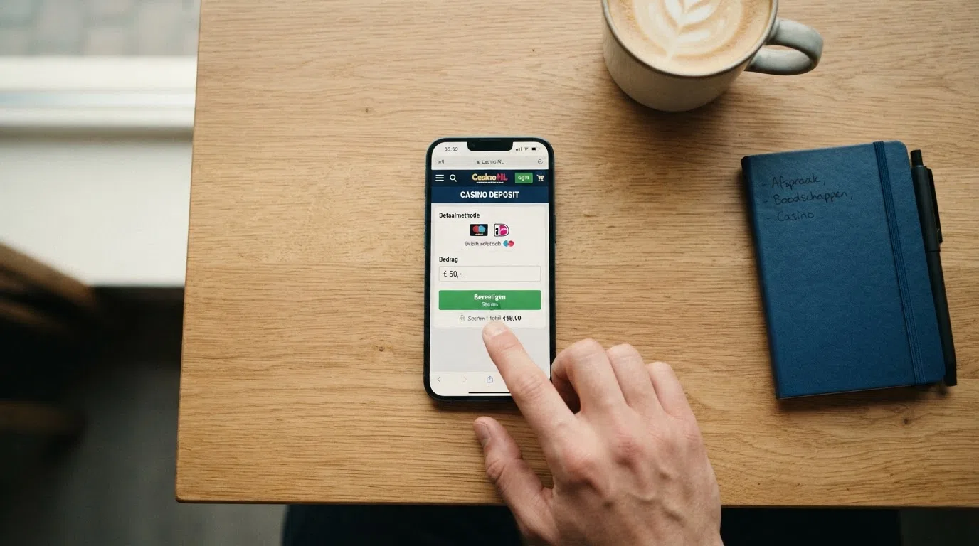 Een smartphone met daarop het stortingsscherm van een online casino, met Maestro als geselecteerde betaalmethode en het iDIN-verificatievenster ernaast