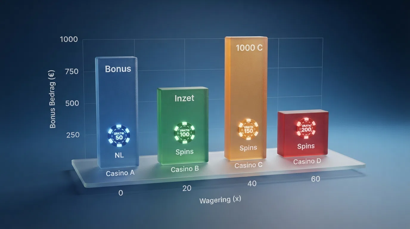 Een vergelijkingstabel van stortingsbonussen van Nederlandse online casino's — bonusbedrag, inzetvereiste en free spins naast elkaar