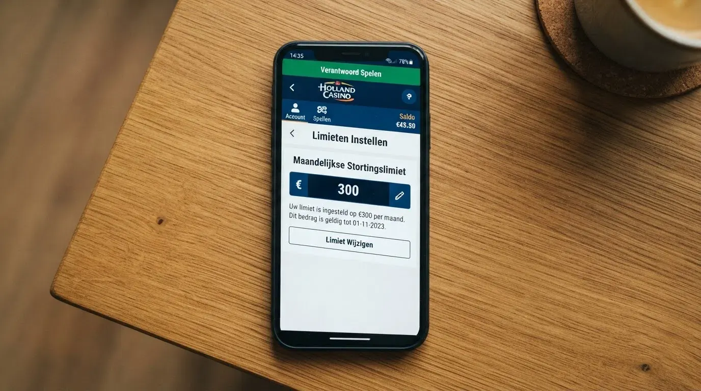 Een close-up van een smartphonescherm met de instellingenpagina van een online casino, waarop een speler een maandelijkse stortingslimiet van €300 invoert.