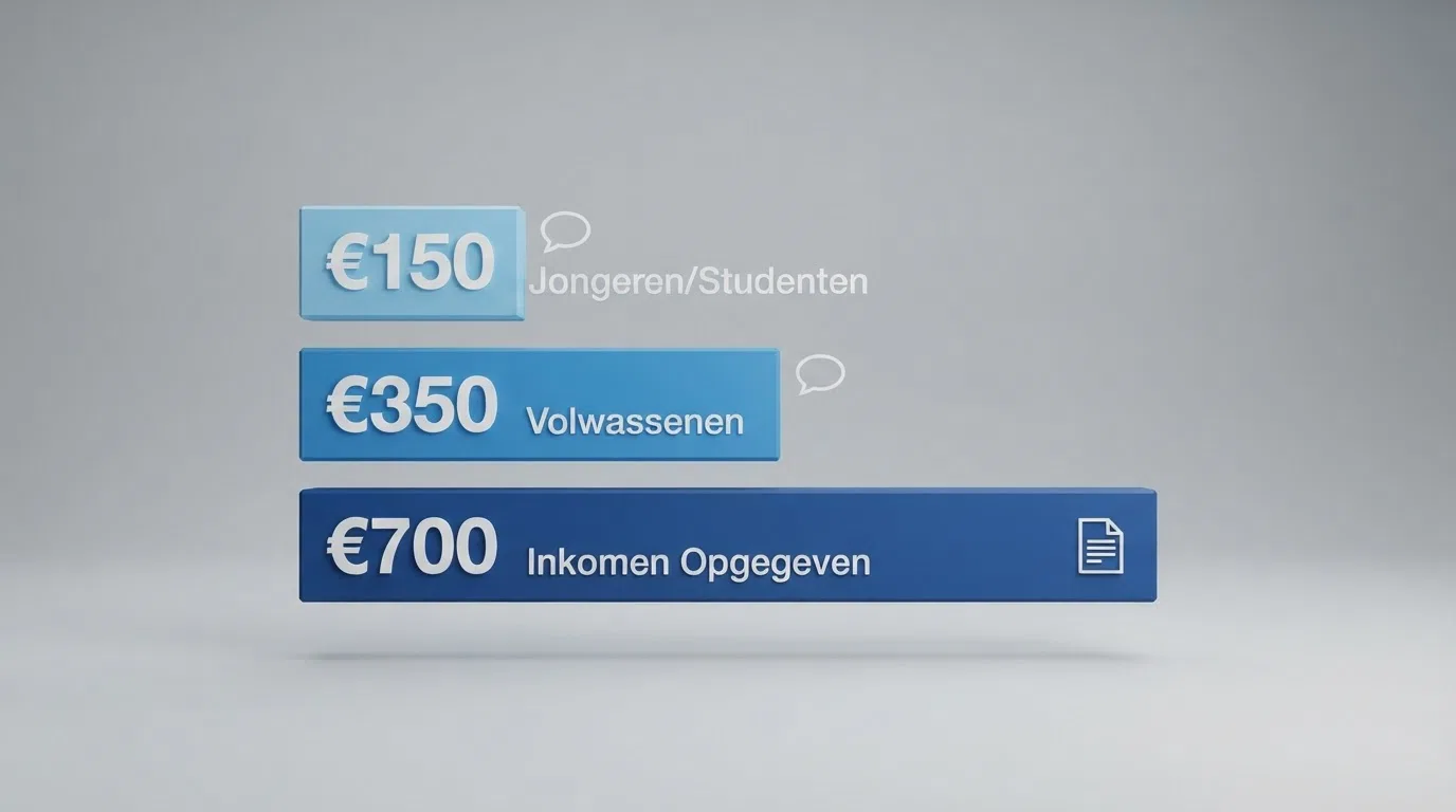 Een schematische weergave van de drie Nederlandse stortingsdrempels — €350, €700 en de bijbehorende vereisten — met pijlen die aangeven wat er bij elke drempel van de speler wordt gevraagd