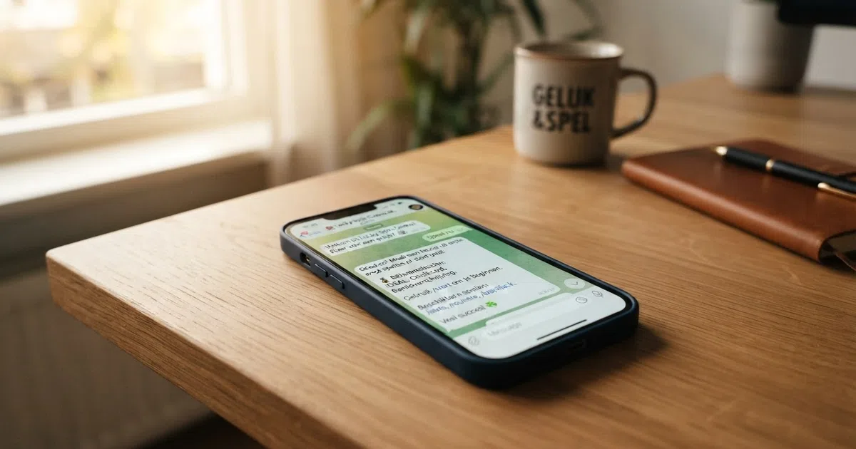 Telegram-chatvenster met een casino-bot die een welkomstbericht, stortingsopties en spelcommando's toont