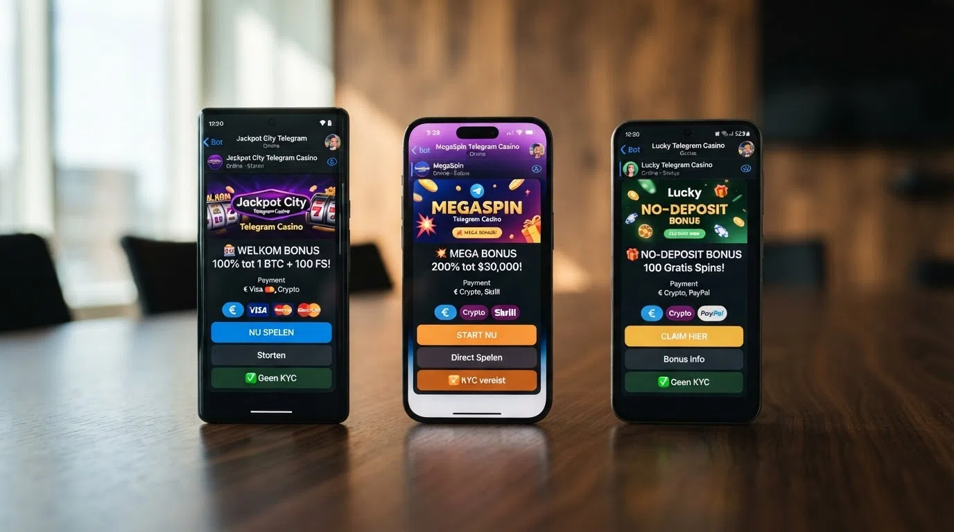 Overzicht van meerdere Telegram casino-interfaces met hun bonusbedragen, crypto-logo's en KYC-status naast elkaar
