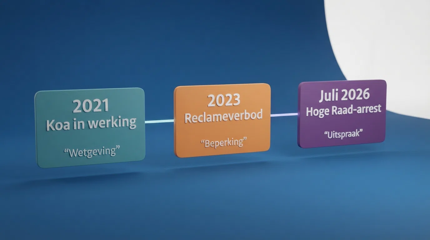 Een visuele tijdlijn van de Nederlandse kansspelwetgeving: 2021 (Koa), 2023 (reclameverbod), juli 2026 (Hoge Raad-arrest)