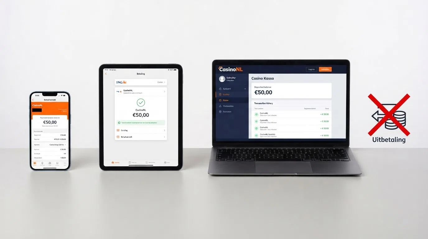 Een stroomschema in drie stappen: Tikkie-betaalverzoek op telefoon, iDEAL-bevestiging in bankapp, speeltegoed op casinotekst — met een kruis door het uitbetalingsicoon