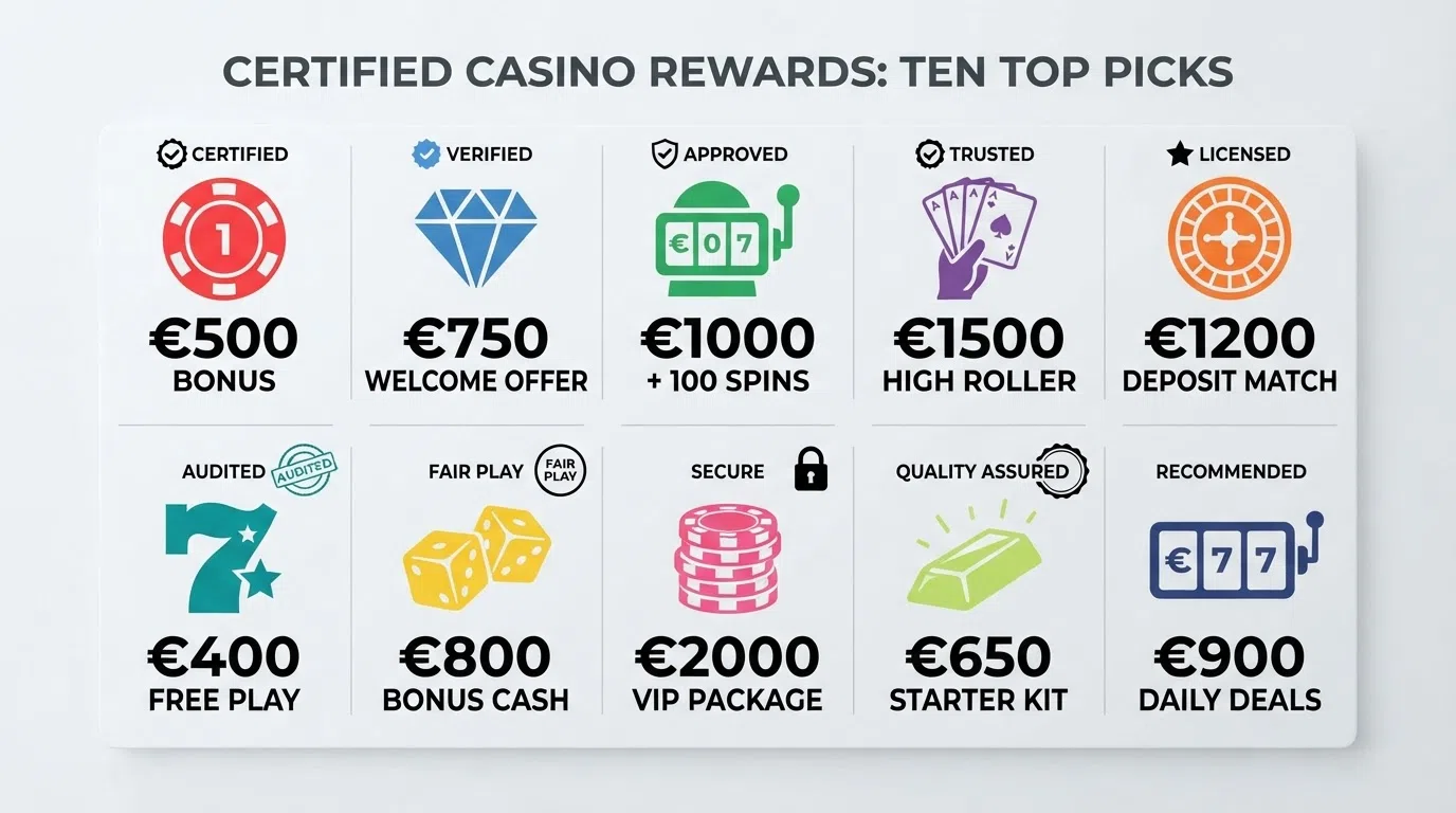Tien casinologo's in een rasteropstelling met onder elk logo het KSA-vergunningskenmerk en het bonusbedrag in een contrasterende kleur.