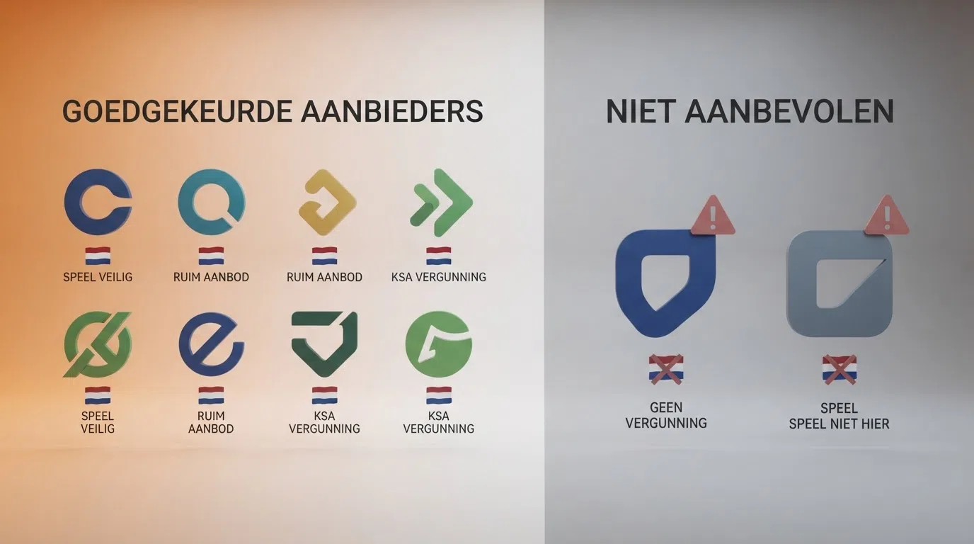 Tien casinologo's gerangschikt in twee groepen: links de acht met KSA-keurmerk, rechts de twee met een waarschuwingslabel